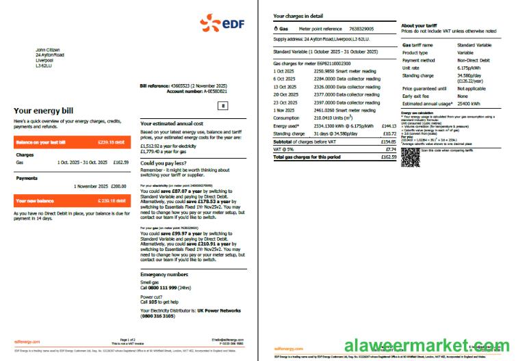 France EDF utility bill template in Word and PDF formats, 2 pages